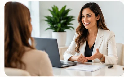 Illustrative image of a healthcare consultant speaking with a client